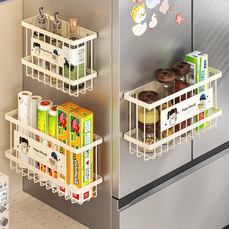 艾仕可（ASCOR）冰箱外侧面磁吸置物架厨房壁挂式放调味料收纳筐保鲜膜收纳神器 【磁吸】奶油色小号-卡通款 【全新升级/加宽加高】