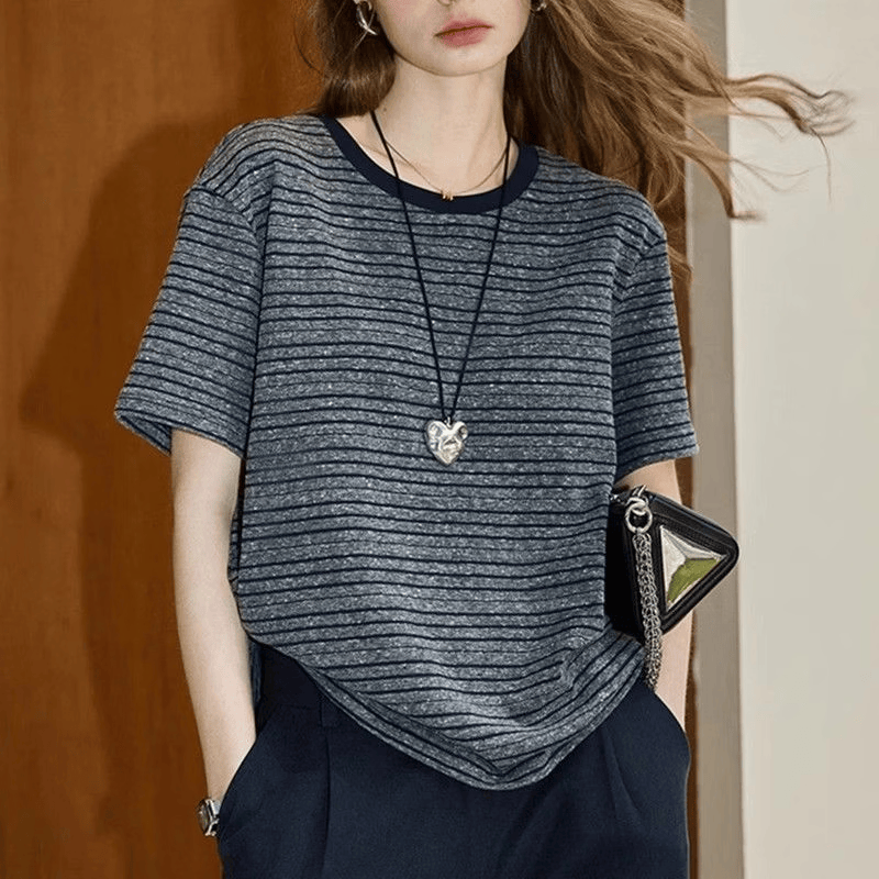 【专柜大码】不褪色洋气宽松T恤ins条纹小众短袖时尚常规薄款极简 灰色【专柜大码】 4XL 建议150-165斤