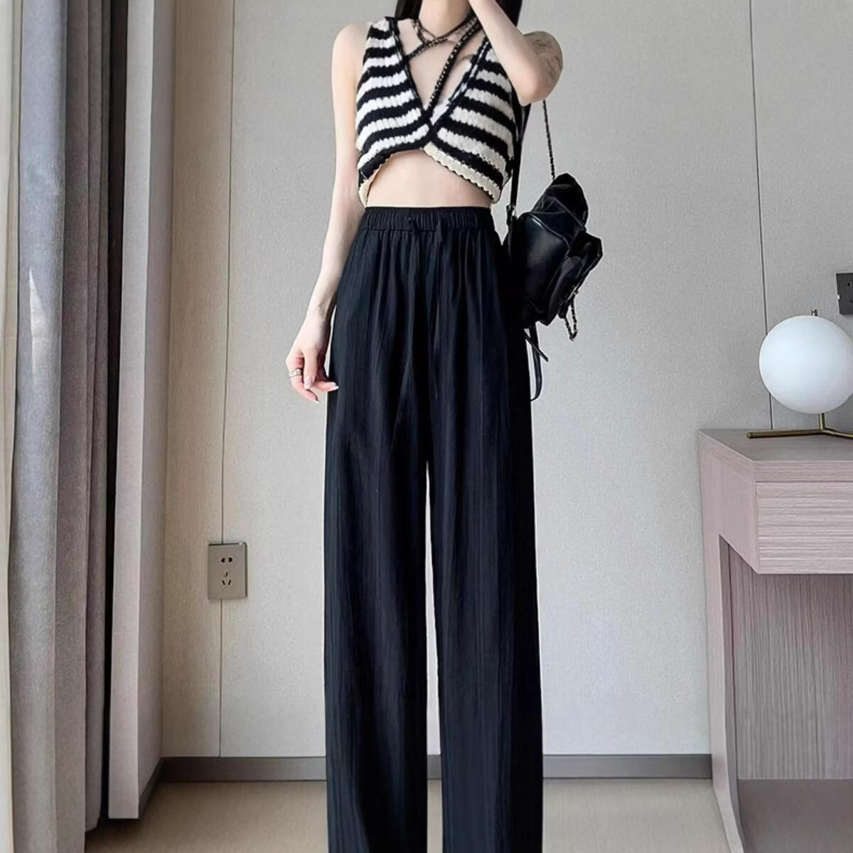 BURQAMARCH冰丝阔腿裤女夏季慵懒风褶皱禅意裤高腰垂感山本裤薄款休闲直筒裤 无口袋—【黑色】 L （建议110-125斤）