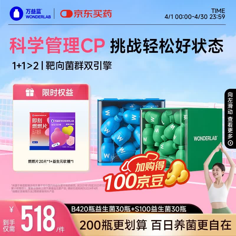万益蓝（WONDERLAB）早B420晚S100组合30瓶+30瓶 B420益生菌S100益生元棕色脂肪