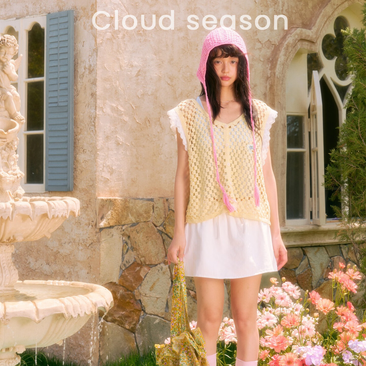 CLOUD SEASONCLOUDSEASON芝士月镂空上衣淡黄色蕾丝边针织衫纯棉小外套夏季女 淡黄色 S