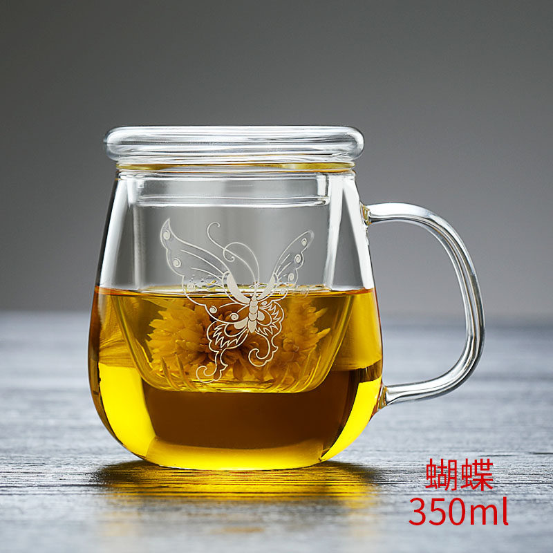 语森忆加厚耐热玻璃杯水杯子办公室女带盖花茶杯带把过滤茶水分离泡茶杯 【加厚】350ML玲珑杯蝴蝶