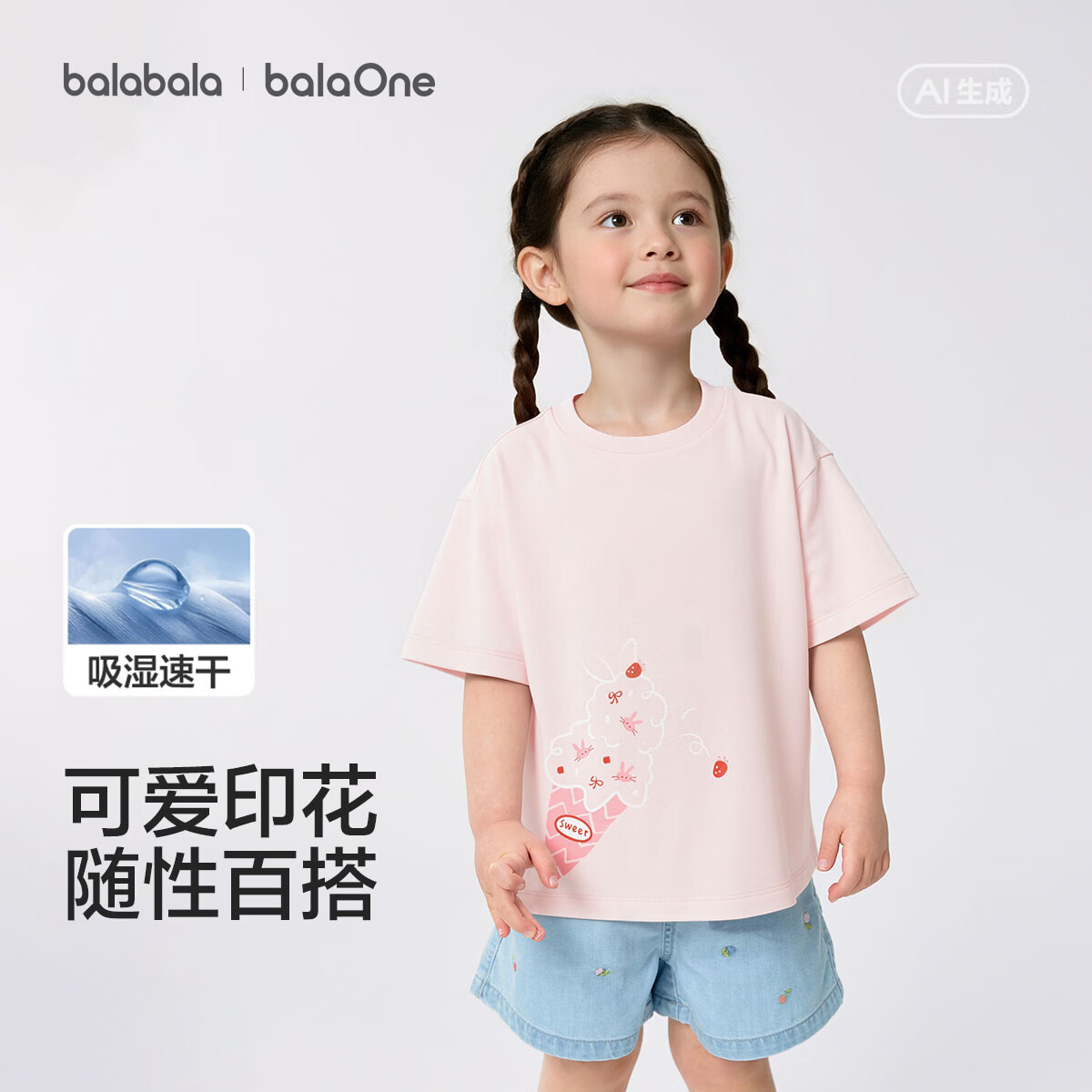 巴拉巴拉童装儿童短袖t恤男童女童衣服2026新款夏装宝宝吸湿速干印花上衣 粉红A61334 合体型 130