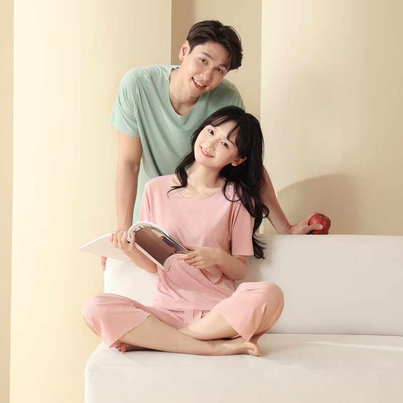 有只绵男士套装家居服女士短裤无痕冰丝打底夏季高弹休闲套装圆领 女士家居服-蓝色 2XL