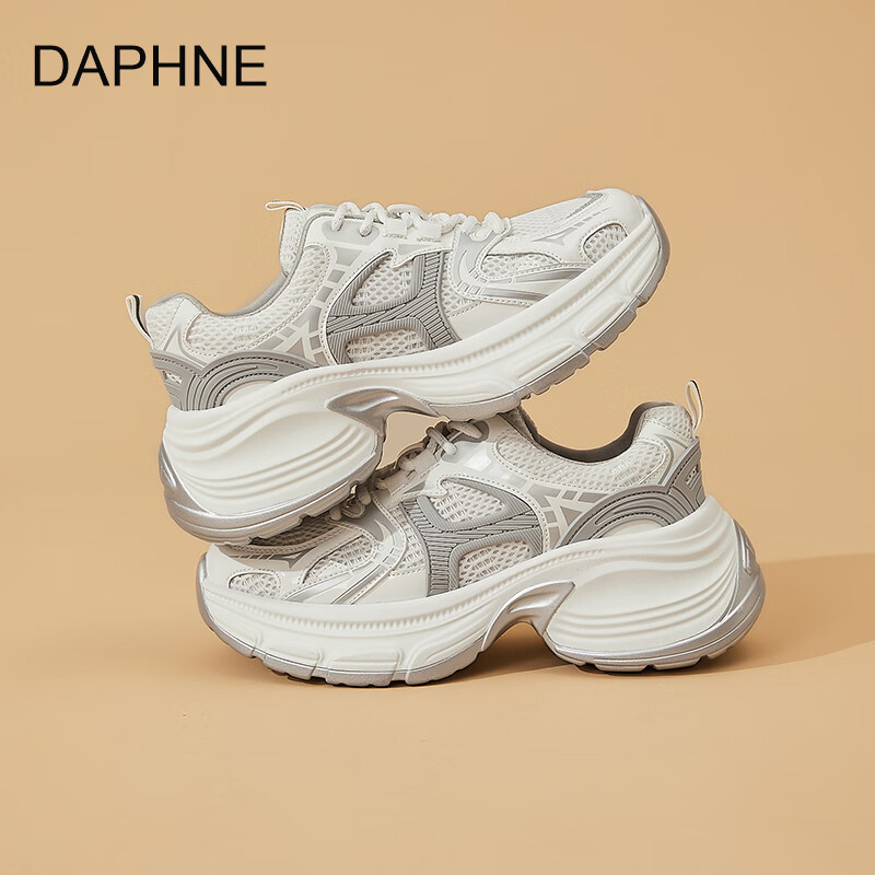 达芙妮厚底透气银色老爹鞋女2026新款春季复古百搭休闲网面跑步运动鞋 白灰色 40