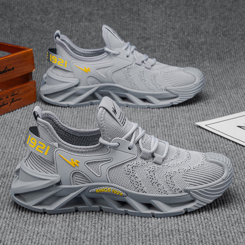 双星（shuangxing）男鞋2026年夏季新款飞织薄款网鞋透气耐磨休闲运动鞋男士跑步鞋 灰色WDSM-71128高品质 42
