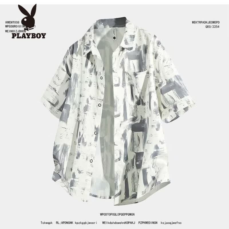 花花公子(PLAYBOY)冰丝感短袖衬衫男夏季ins潮流感印花七分袖衬衣薄款休闲外套 M90-105斤 M 1藏青