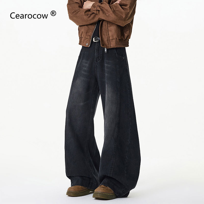 CEAROCOW美式弯刀牛仔裤复古拖地阔腿长裤男春季潮牌cleanfit水洗做旧裤子 复古蓝 XL [建议110-130斤]
