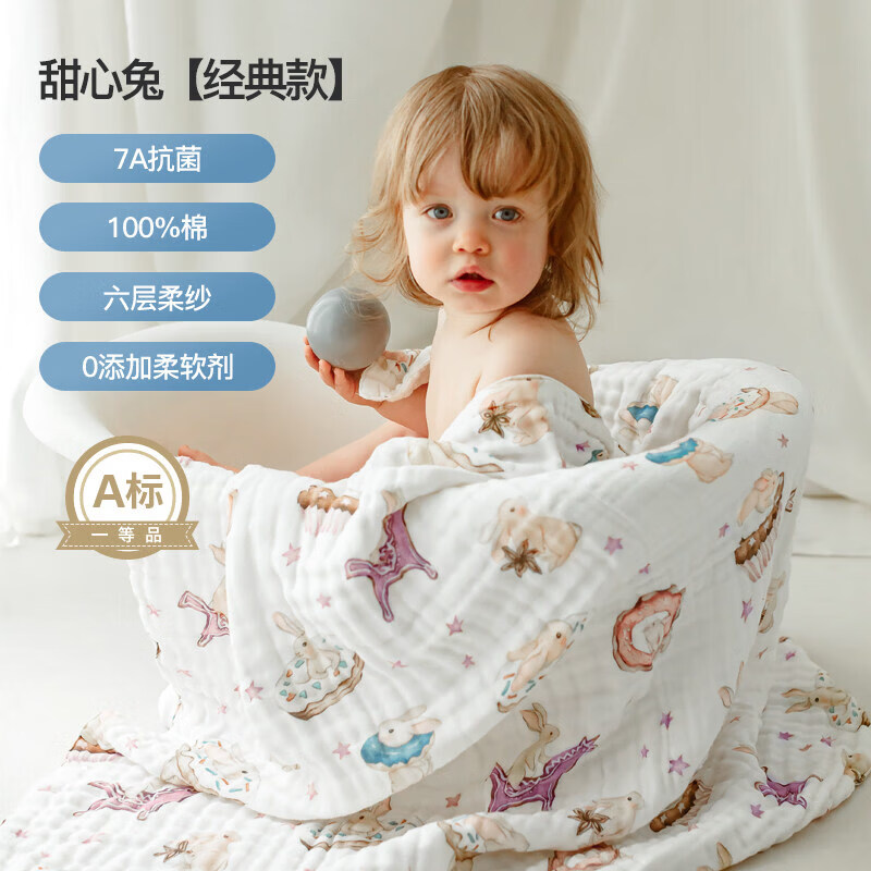 嫚熙（EMXEE）婴儿纱布浴巾纯棉新生儿童浴巾超软洗澡吸水包巾洗浴用品 【印花款】甜心兔 95x95cm
