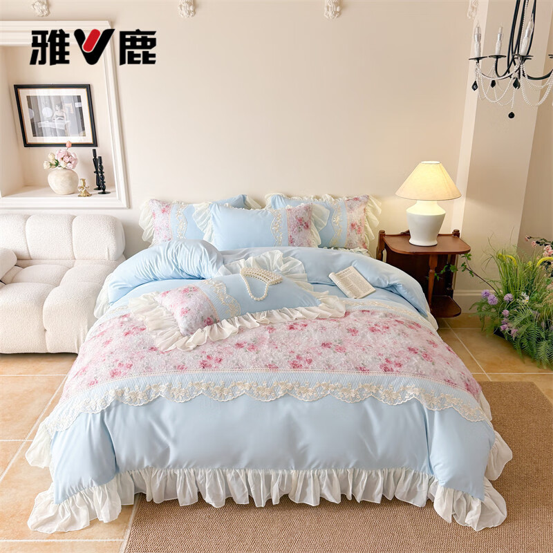雅鹿水洗亲肤棉雪纺花边蕾丝刺绣法式床裙韩版四件套家用公主风 爱丽丝-蓝 1.8 床笠款 （被套200*230cm） 四件套