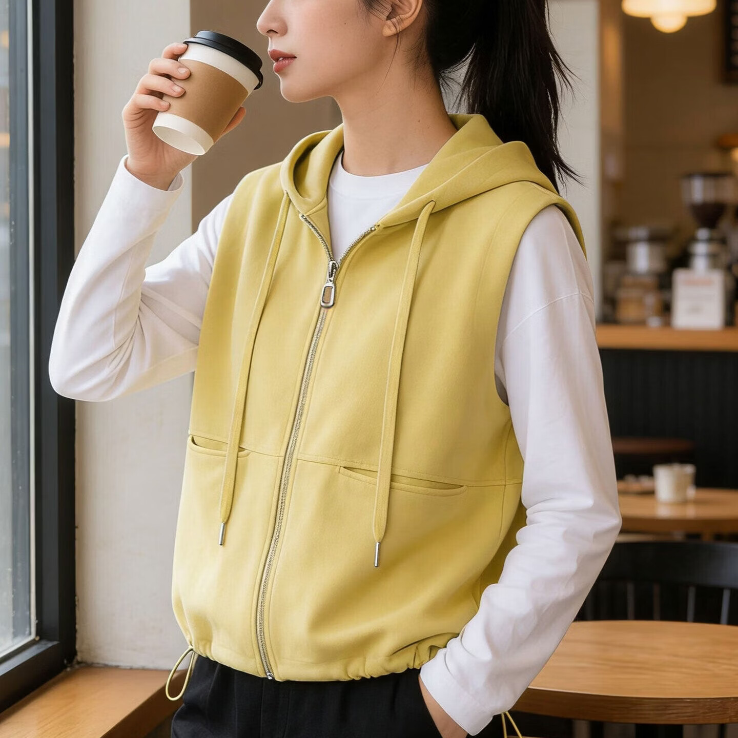 【爆款推荐】2026夏季新款无袖马甲女宽松休闲百搭连帽卫衣开衫 黄色 M 【建议90-120斤】