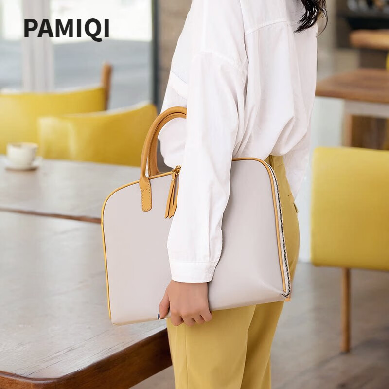 帕米琪（PAMIQI）真皮公文包女手提高级感时尚大容量商务通勤职业14吋电脑包文件包 米卡其色 文艺百搭