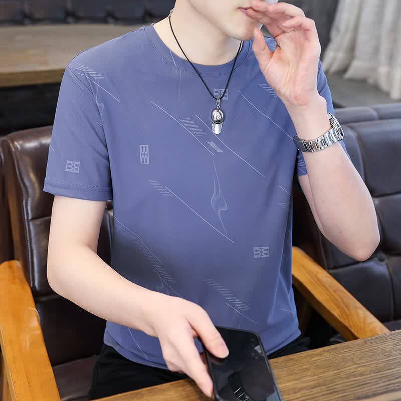 轩程夏季新款冰丝短袖t恤男士薄款速干透气潮流圆领印花青年休闲上衣 5909T白色 L 115-135斤