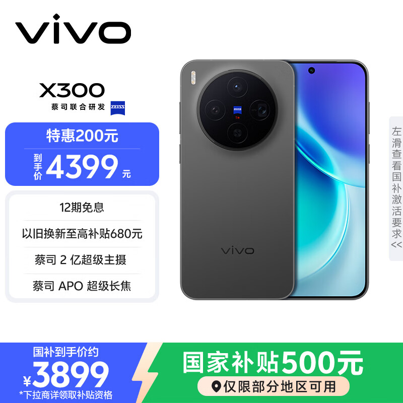 vivo X300 12GB+256GB 纯粹黑 蔡司2亿超级主摄 蔡司APO超级长焦 5年持久流畅OriginOS 6 拍照 AI手机