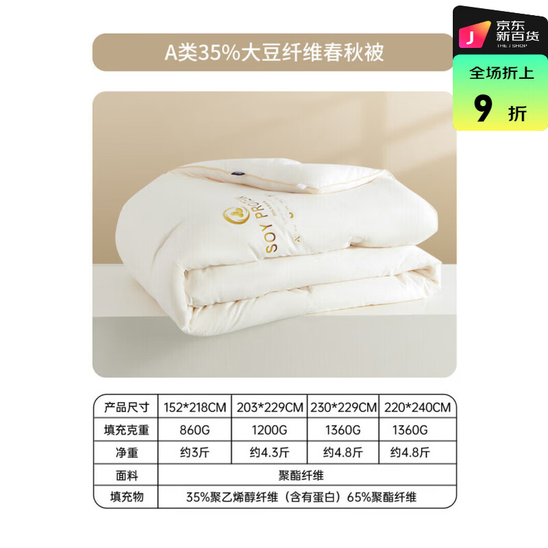 多喜爱（Dohia）被子大豆被春秋被大豆纤维被芯子母被学生宿舍被子保暖冬被 A类35%大豆纤维春秋被经典深睡款 适用于1.2米床 尺寸152*218cm