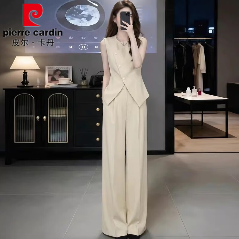 皮尔卡丹(pierre cardin)大方得体休闲运动套装女夏季新款洋气显瘦无袖上衣阔腿裤两件套潮 黄色套装 M
