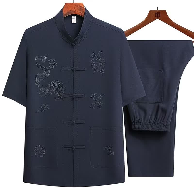 夏季中老年冰丝短袖唐装爸爸夏装套装老人中国风薄款宽松爷爷装 藏青色 2XL 【建议体重150-170斤】