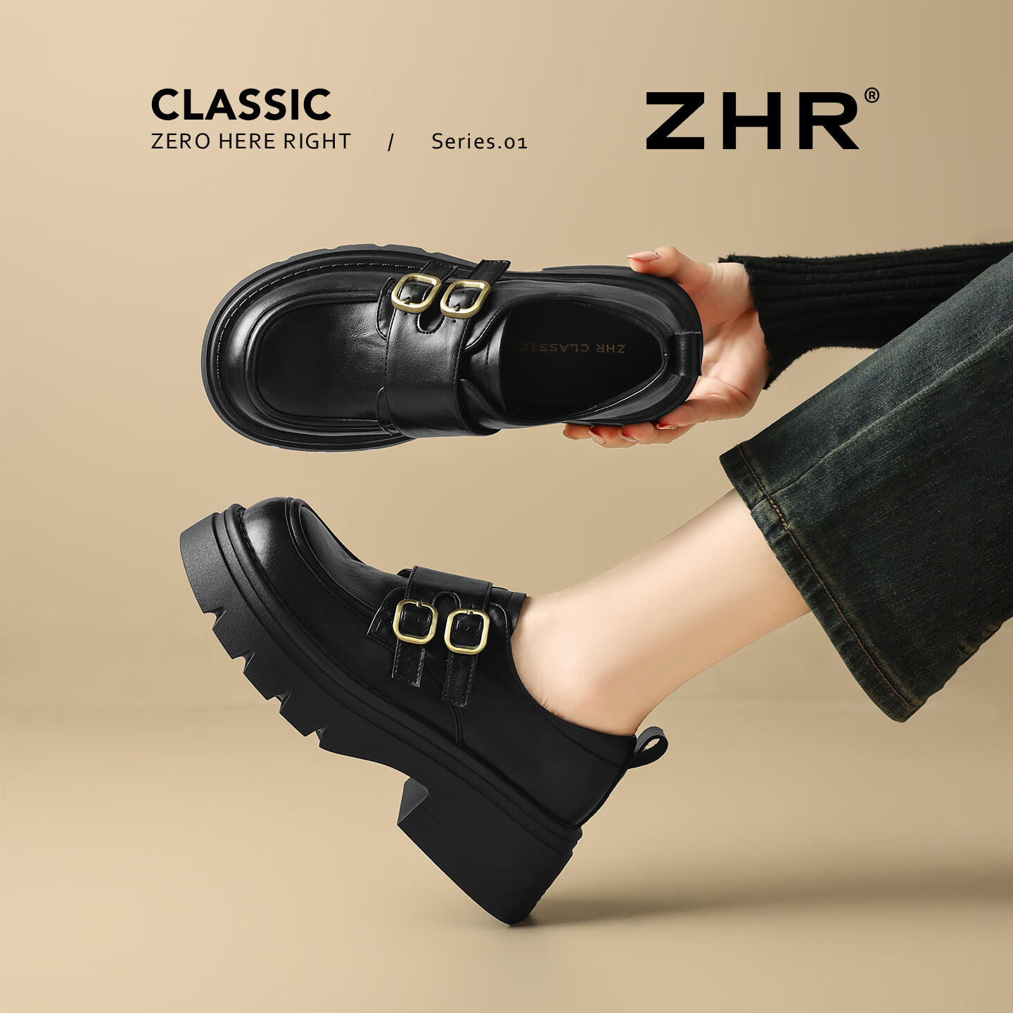 ZHR则则厚底小皮鞋子2026春季新款英伦风百搭粗跟乐福鞋女款 JF311 黑色 36