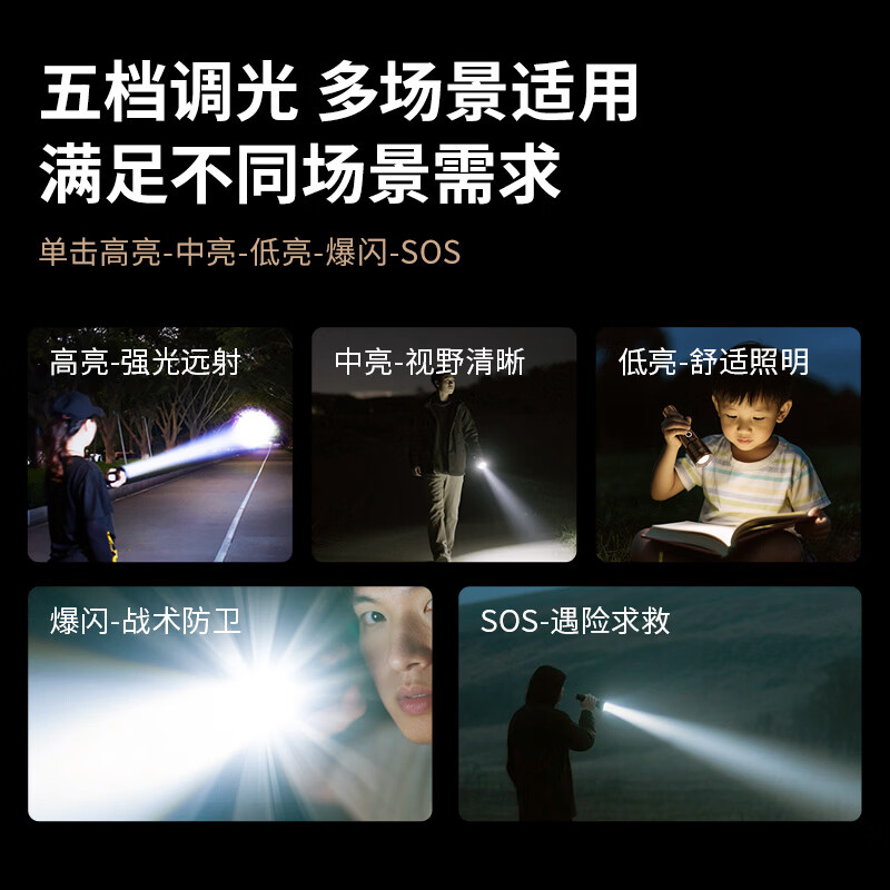 天火强光手电筒户外爬山巡逻家用超长续航苍龙小型便携式充电照明灯 四千毫安丨极影黑铜色丨聚焦可燃火
