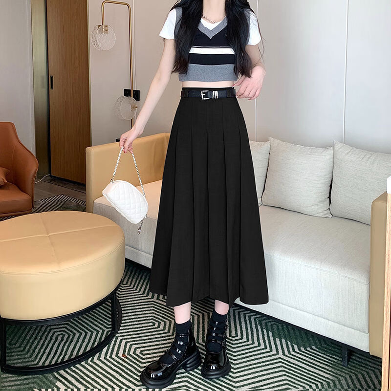 YOUNVFR新款高级感高腰百褶长裙子显瘦A字小众设计感西装时尚中长款气质 【黑色】 高品质 送腰带 XL （适合115--125斤）