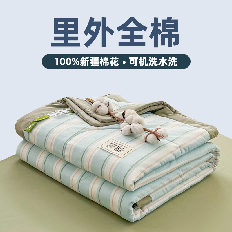 无印良品A类里外全棉被子纯棉棉花空调夏凉被学生宿舍夏天 左岸-蓝 【四件套】200*230cm夏被+床单+枕套*2