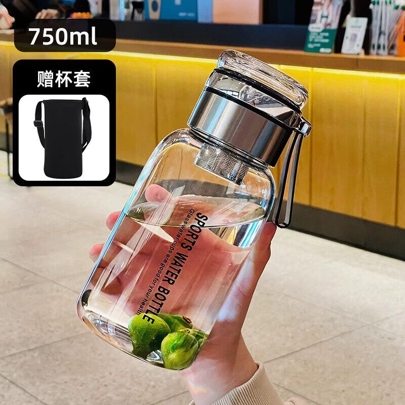JCZS品质高硼硅玻璃水杯大容量桶水壶防摔耐高温墩墩茶水分离泡茶 银盖款1000ML【茶水分离网+杯套】