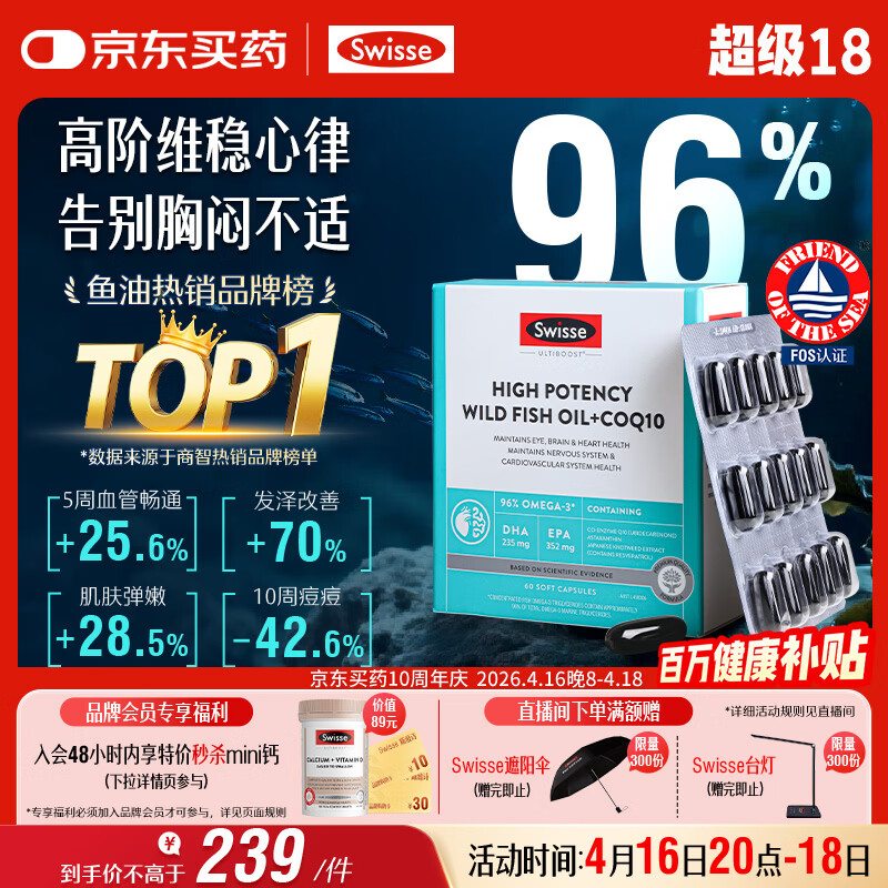 Swisse斯维诗 96%高纯度深海鱼油辅酶Q10软胶囊 黑绷带鱼油60粒熬夜常备