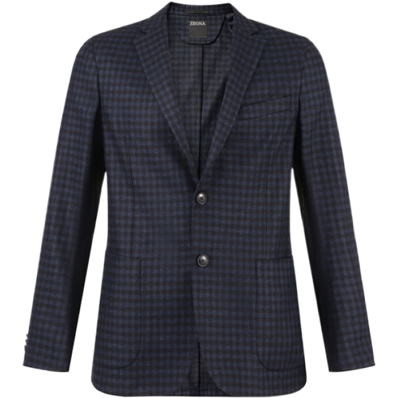 杰尼亞（Zegna）新品 男士?jì)闪闻趴劬幙椥蓍e西服西裝上衣外套男裝 1DNMG0 650700A6 深藍色黑色格紋 50 /l