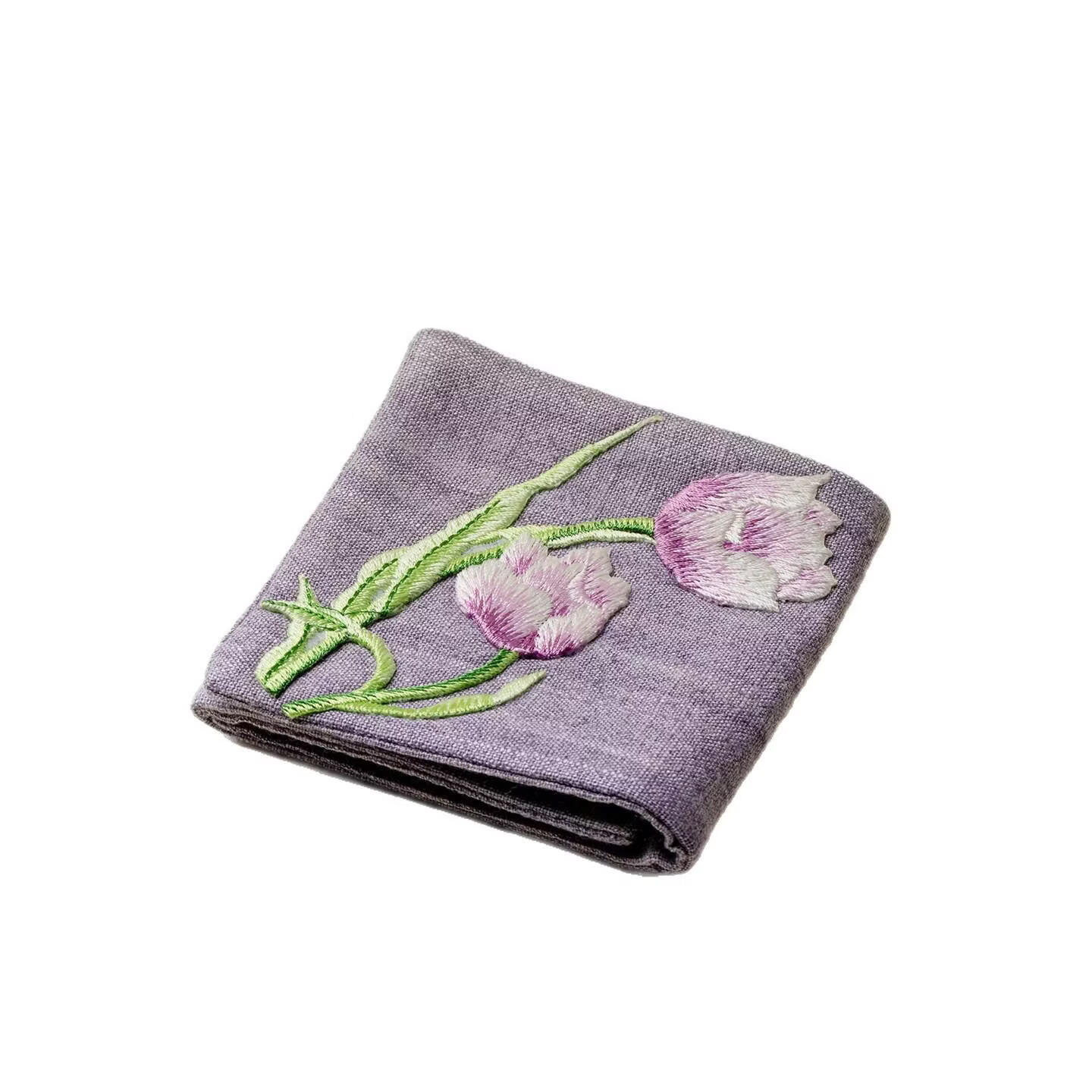 入野归松刺子绣郁金香长条茶巾超强吸水隔热抹布垫手工缝制茶配件 棉麻-郁金香长茶巾