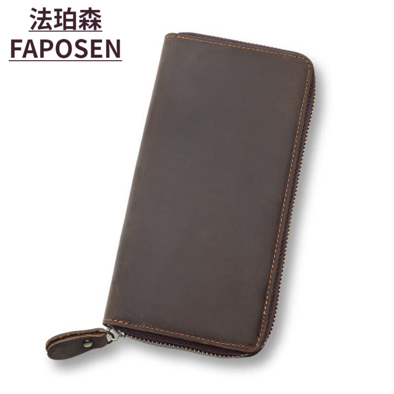 法珀森（FAPOSEN）疯潮男士钱包Z皮 长款复古疯马皮手包 头层牛皮手工拉链皮夹 深棕色 头层牛皮疯马皮