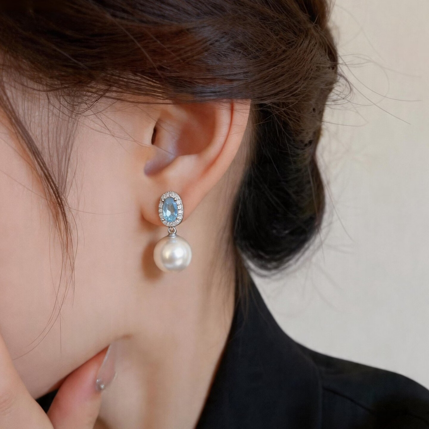 KRISTEN JUDI海蓝闪锆12mm大珍珠耳饰女银针蓝色耳钉