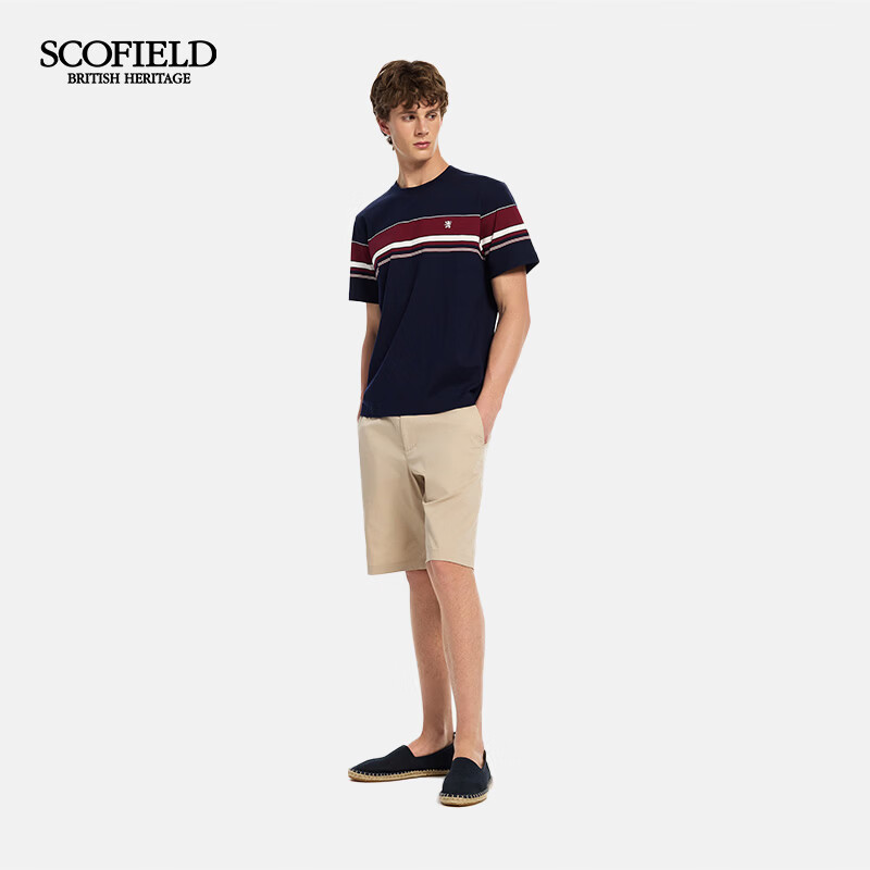 Scofield男装26年夏季新款100%棉圆领条纹商务通勤休闲短袖T恤男 藏青色 常规 M (175)