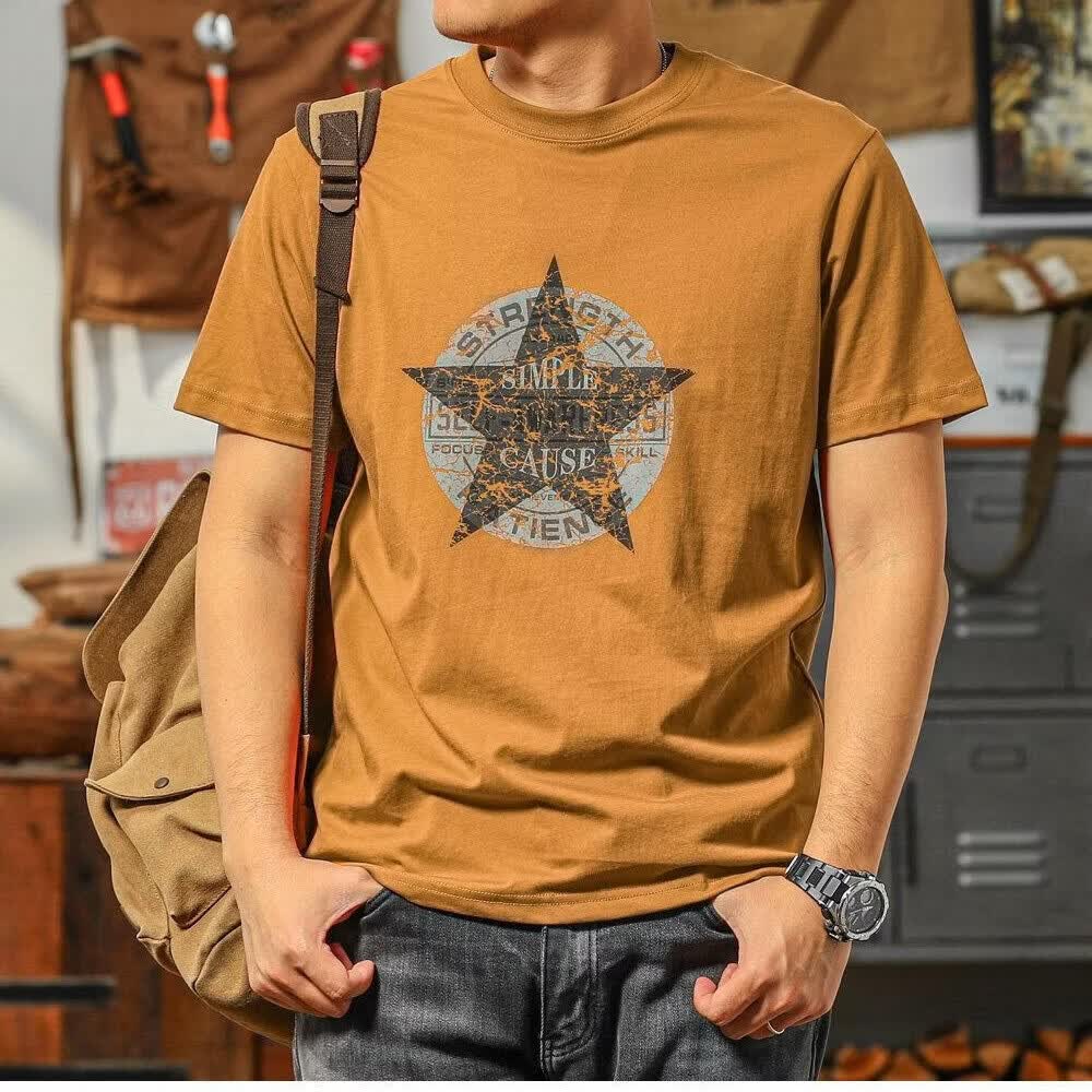 【轻奢定制】夏季新款复古圆领宽松百搭印花短袖t恤男特级上衣男 土黄色（优质精梳棉面料） 2XL （建议 145-165斤）