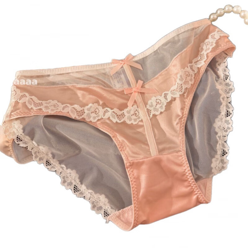 丝缎芭蕾 纯欲性感蝴蝶结缎面蕾丝内裤女低腰诱惑包臀透明三角裤 咖啡色 均码 (80-125斤)