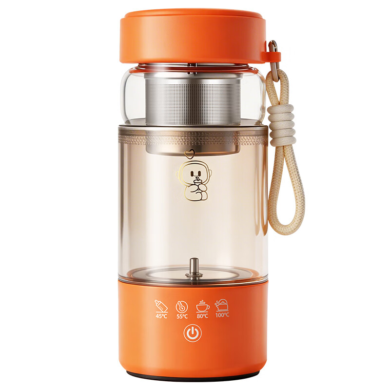 SUOBQ苏泊电热杯热水壶双层加厚玻璃防烫出差便携热水杯迷你养生壶养生杯恒温杯大容量办公室煮茶带滤网 0.45L 橙色电热杯