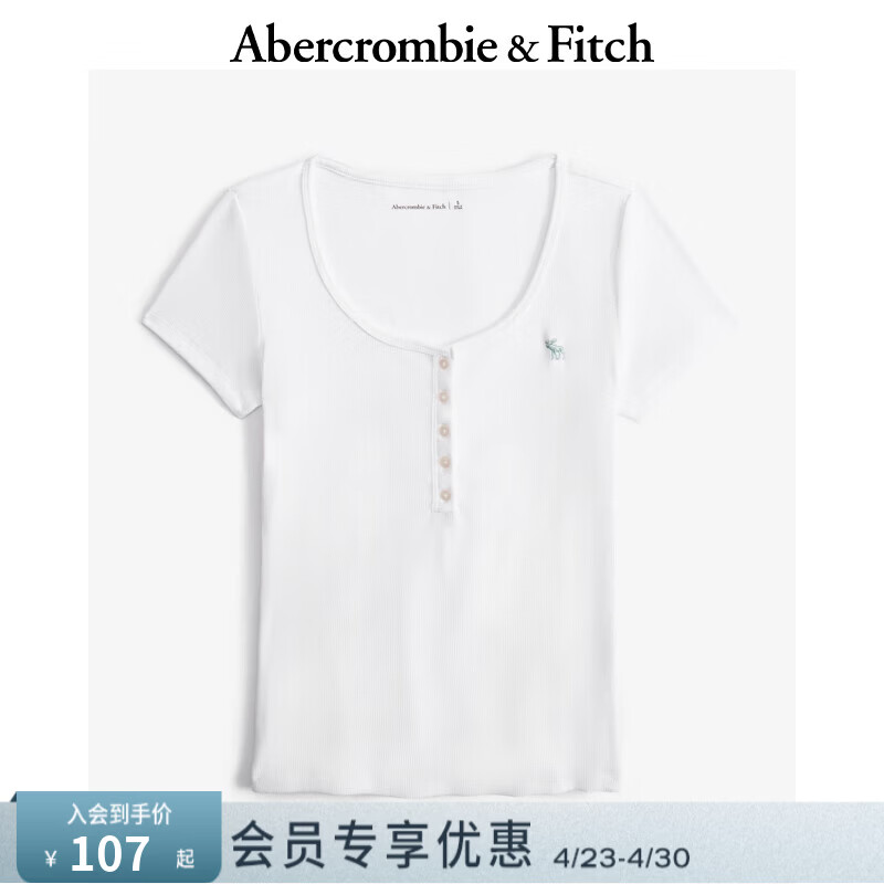 Abercrombie &amp; Fitch【多色亨利领】小麋鹿图案女装25夏季修身短袖T恤 白色 L (165/104A)
