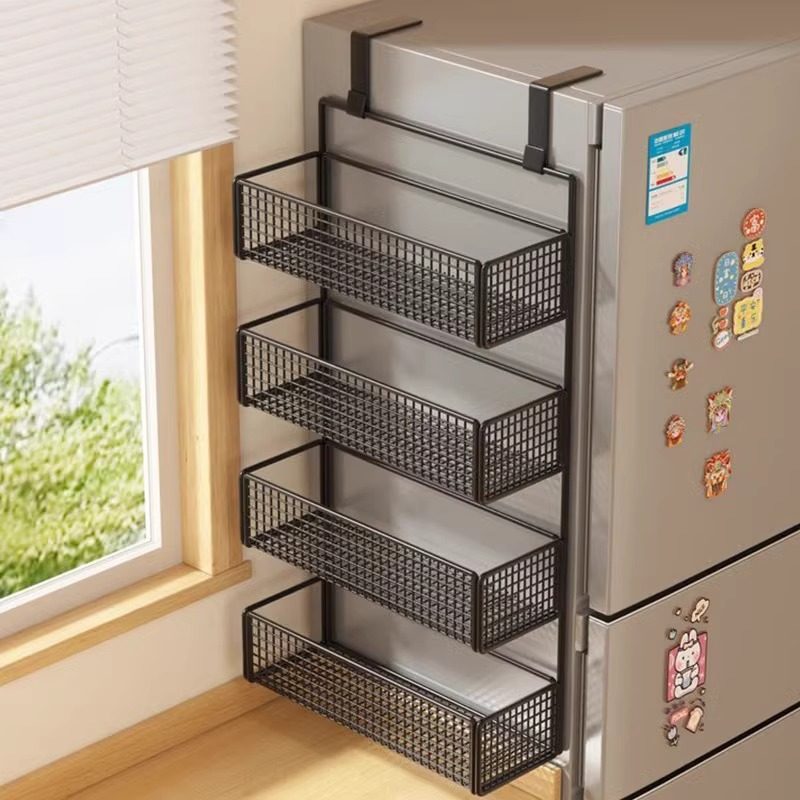 溥畔冰箱置物架侧面边收纳架厨房用品多层保鲜膜调料瓶免打孔侧壁挂架 四层加大40cm带钩白色