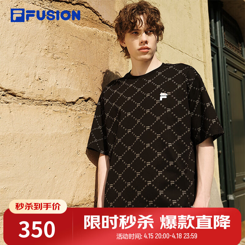 FILA FUSION斐乐潮牌情侣款针织短袖衫2026夏新款纯棉凉感宽松T恤 正黑色-BK L 175/96A/L