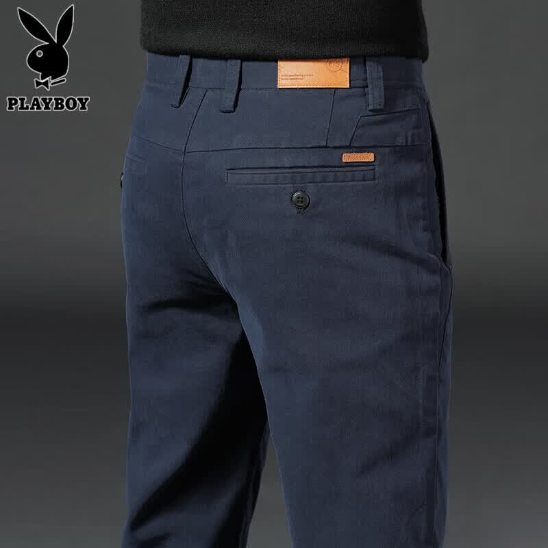 花花公子高端春秋休闲裤男士加绒新款修身直筒男裤宽松弹力商务长裤子男装 蓝色 32