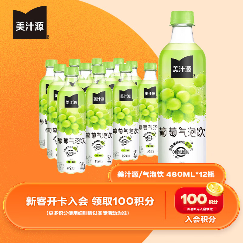可口可乐（Coca-Cola）美汁源 无糖饮料 葡萄气泡饮 480ml*12瓶 整箱装