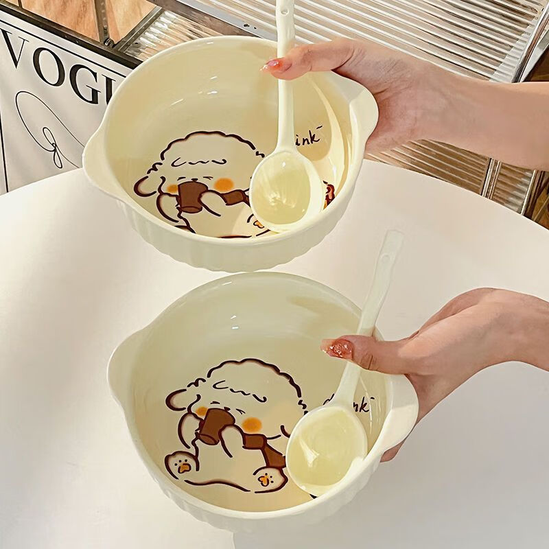 【乐选】奶fufu陶瓷釉下彩双耳碗一人食家用餐具套装带勺筷宿舍泡 面包旺4.5英寸碗(1碗1勺)