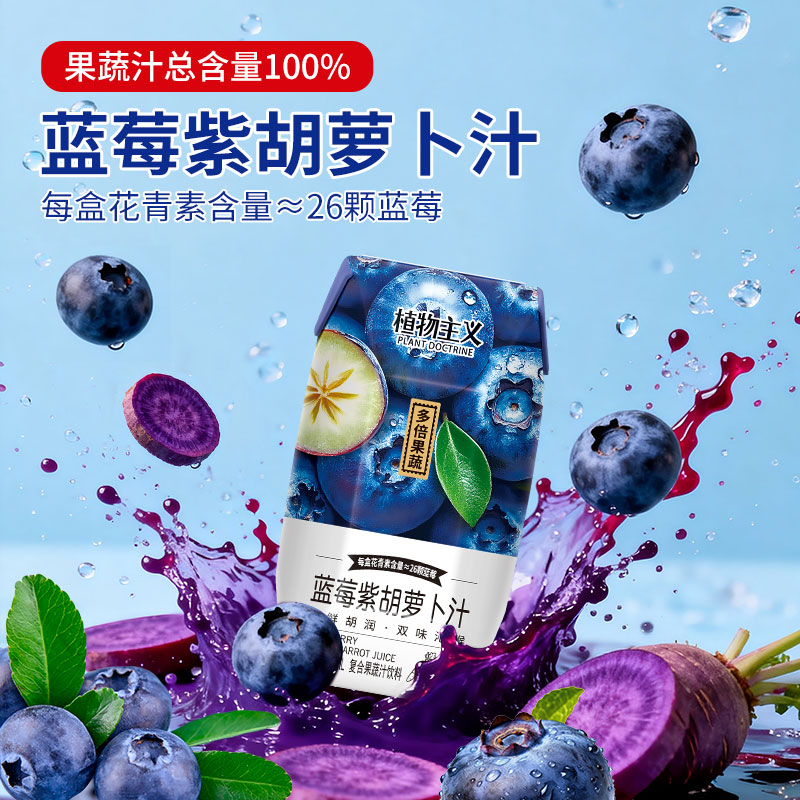 植物主义蓝莓果汁12瓶整箱100%果汁花青素26颗蓝莓紫胡萝卜复合果蔬汁饮料 蓝莓果蔬汁210ML*12瓶整箱（100%果汁）