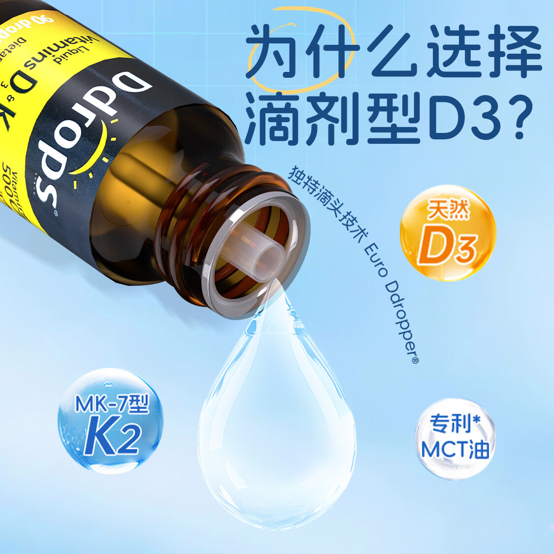 Ddrops滴卓思维生素d2000iu d3k2阳光滴瓶 维生素d成人备孕中老年人适用 成人D3 5000IU2.5ml*1瓶 2.5ml*1瓶