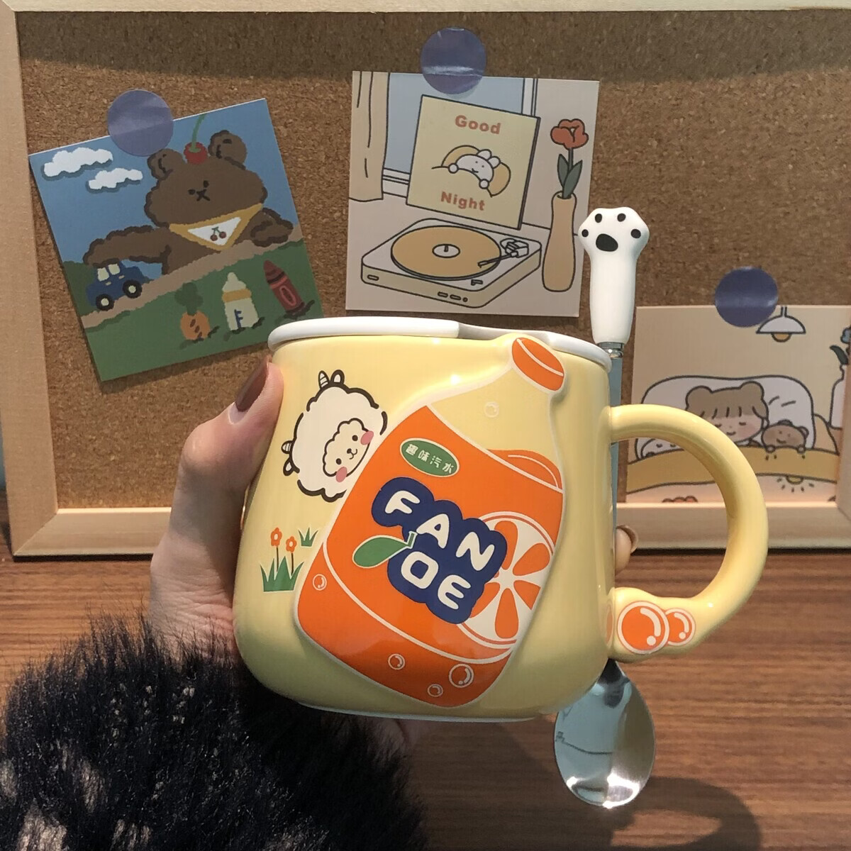 溥畔情侣对杯陶瓷杯马克杯带盖勺可爱女生水杯办公室咖啡杯早餐杯 蓝色百事(杯+盖+陶瓷猫爪勺)