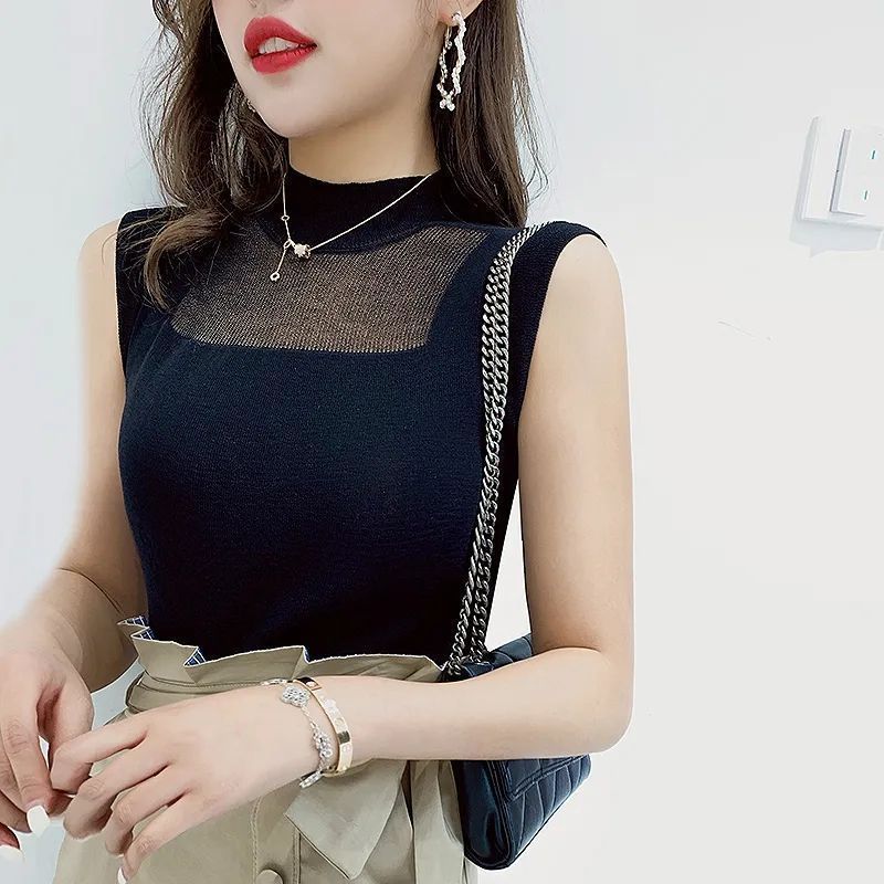 YUNTH冰丝吊带背心女外穿春夏新款韩版宽松针织无袖短款上衣T恤打底衫 黑色 S 【建议70-85斤】