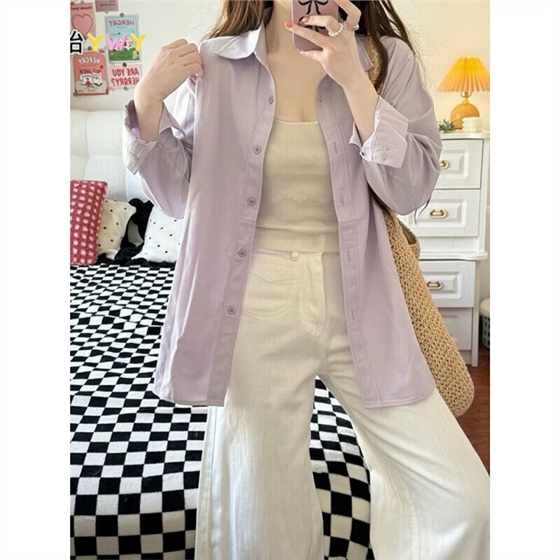 100%纯棉甜美显白浅紫色衬衫女衣外套百搭气质休闲上衣开衫 克莱因蓝色 有口袋 508 S