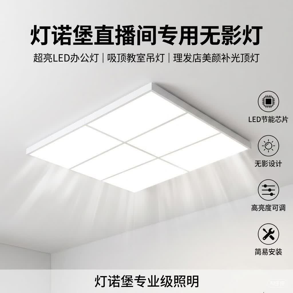 灯诺堡直播间专用无影灯超亮LED办公灯吸顶教室吊灯理发店美颜补光顶灯 无影灯【120x60cm260W】无极调光带遥控器 黑色