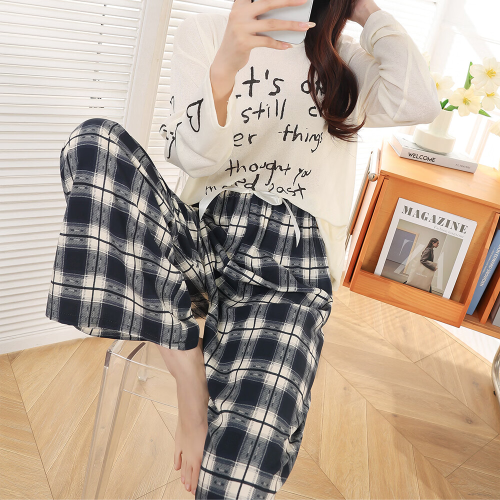 燠阳夏季新款棉绸睡裤女薄款大码高腰阔腿裤可外穿春秋高级感休闲长裤 焦糖方格 均码 【80-150斤】裤长92cm左右