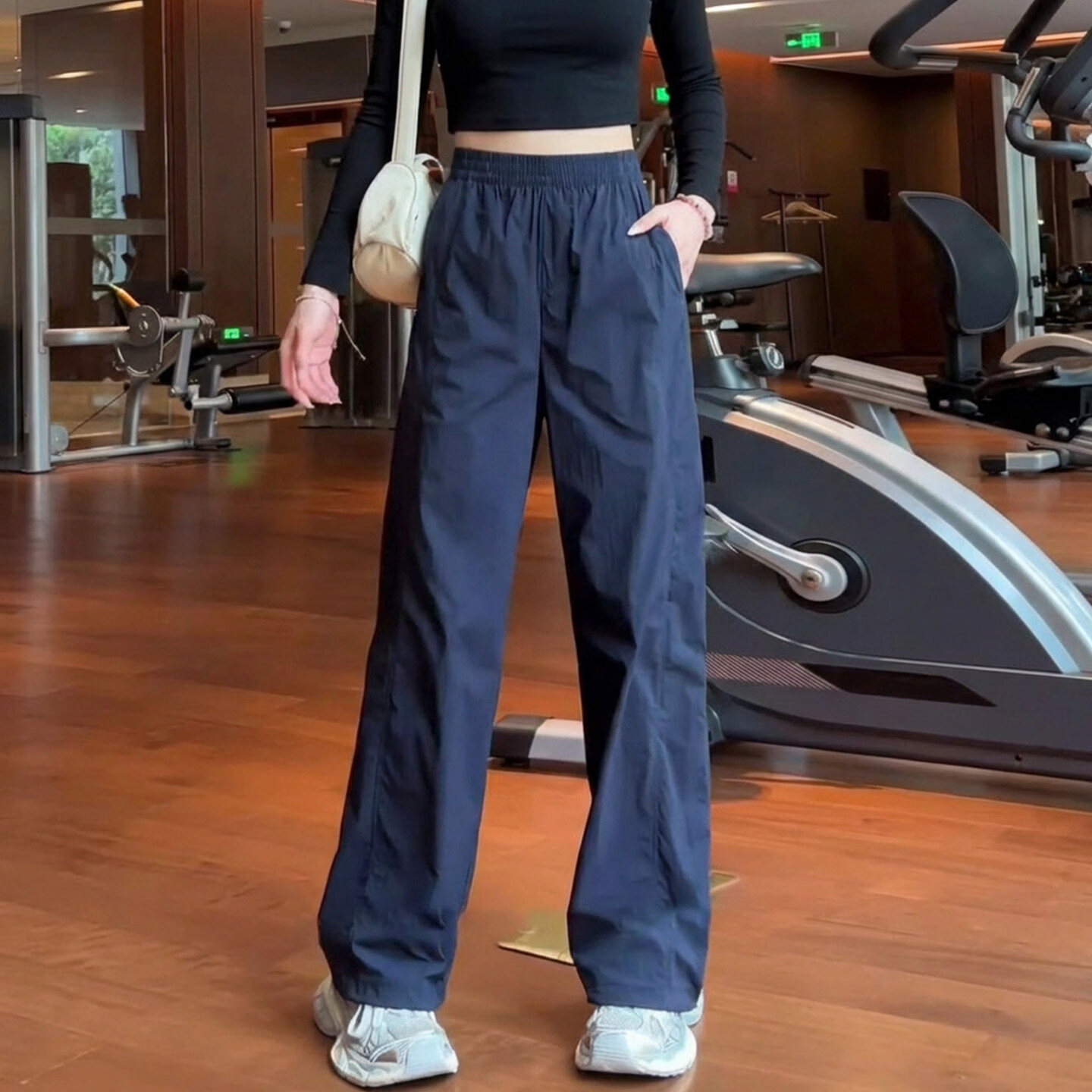 【爆款轻奢】美式速干阔腿裤女春夏薄款高腰显瘦大码运动休闲裤 【商场品质】藏青色 M 【建议90-100斤】