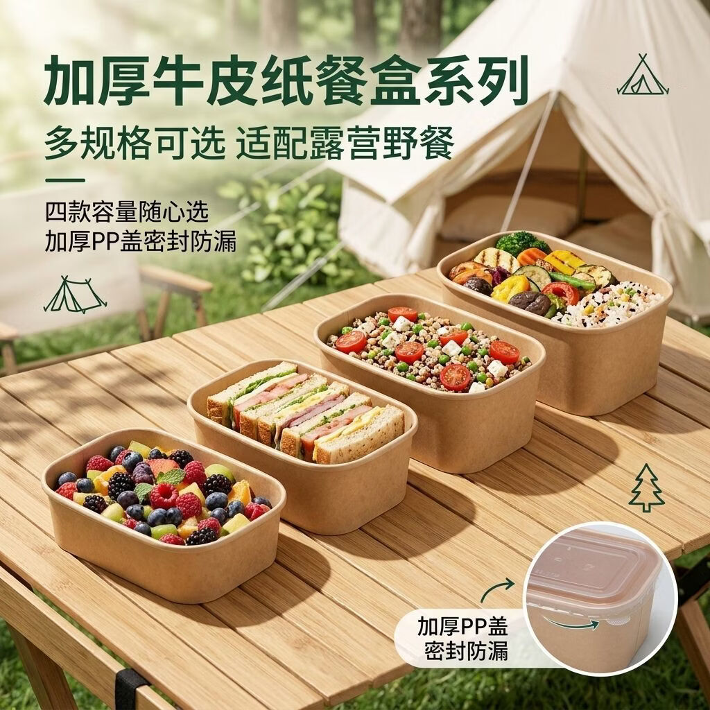 百丽德一次性饭盒露营野餐盒食品级外卖水果分装纸碗加厚打包饭盒带盖子 1000ML 10套